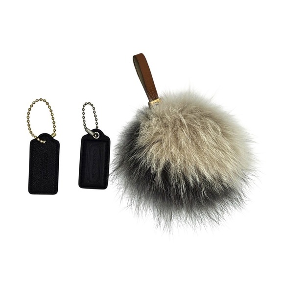 Coach Accessories - 3pc COACH Bag Charm Lot - Auth Black Leather Hangtags & Large Fluffy Pom Pom